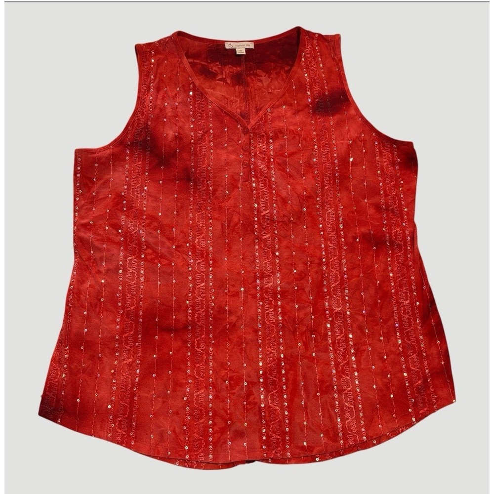 Dressbarn Women's 2X V-neck Sleeveless Red Top Stretchy Embellished Tie Dye